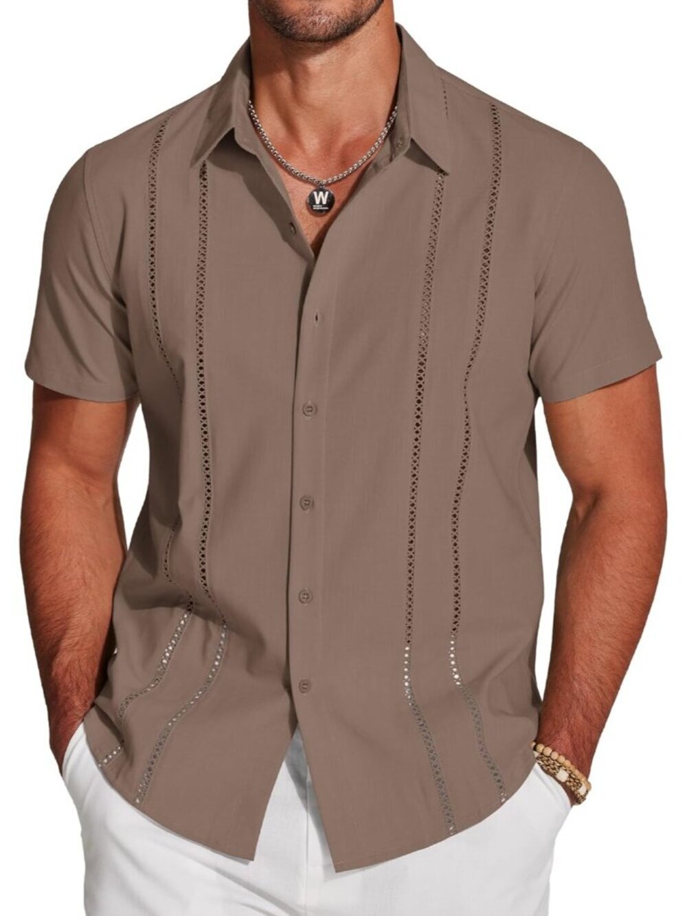 Men's Brown Cuban Guayabera Shirt Short Sleeve Button Down Linen Casual Summer